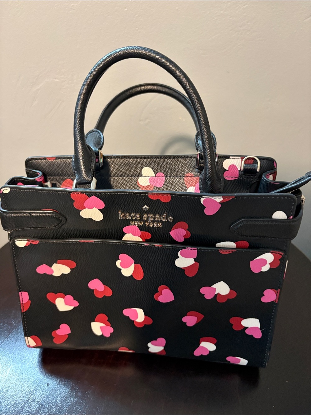 kate spade Black Heart-Print Satchel with Pink, Red & Cream Accents